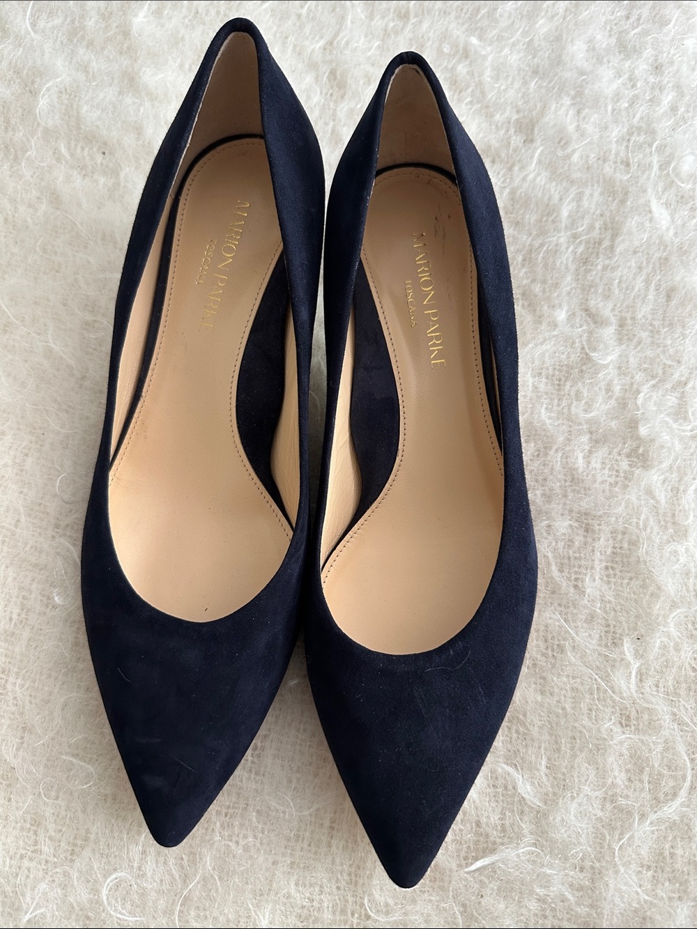 Marion Parke Classic Pump Navy Suede Pointed Toe Kitten Heels Size 38.5